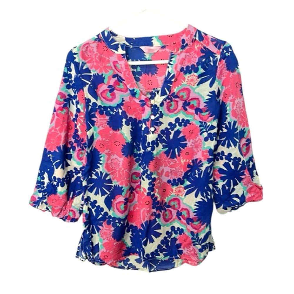 Lilly Pulitzer XS Pink Blue Floral Blouse 3/4‎ Sleeve Cotton Preppy Coastal Top